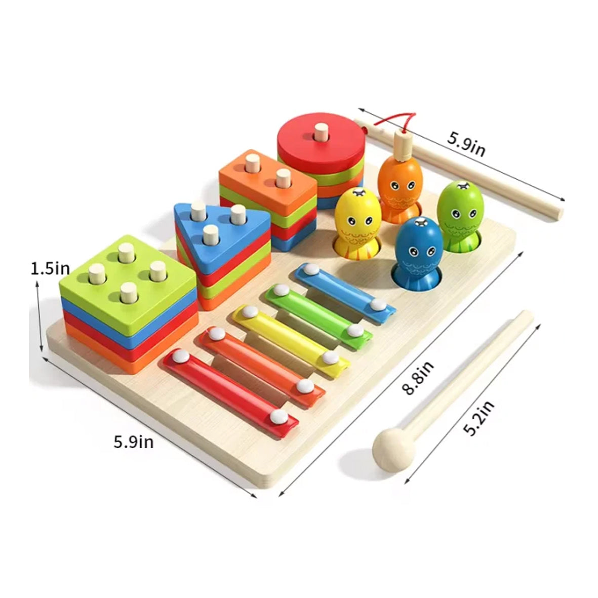 Houten 3-in-1 Activiteitenset voor Kinderen – Xylofoon, Hengelspel en Sorteerspel – Educatief Montessori Speelgoed – Vanaf 3 Jaar