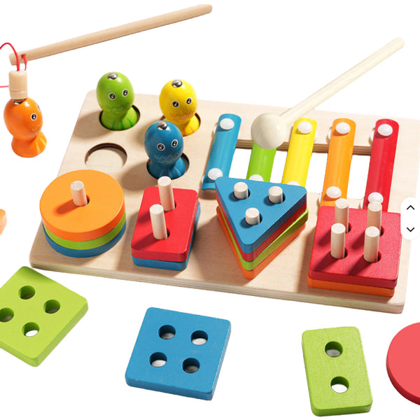 Houten 3-in-1 activiteitenset voor kinderen – Xylofoon, hengelspel en sorteerspel – Educatief Montessori-speelgoed – Vanaf 3 jaar
