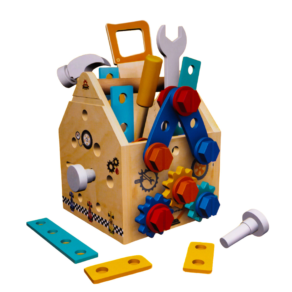 Houten Gereedschapskist voor Kinderen – Speelgoed Gereedschap – Bouwset met Hamer, Schroeven en Tandwielen – Montessori Educatief Speelgoed